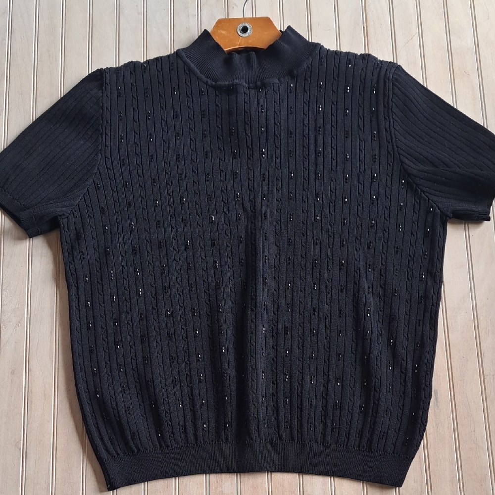 Alfred Dunner Beaded Mock Neck Dressy Cable Knit Short Sleeve Sweater Top